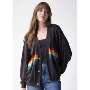 Natural Life M Happy Cardigan Rainbow Striped Sweater Oversized Comfy NEW